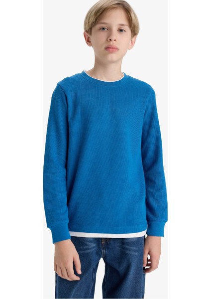 Erkek Çocuk Bisiklet Yaka Basic Düz Waffle Uzun Kollu Okul Tişörtü V1186A625AU