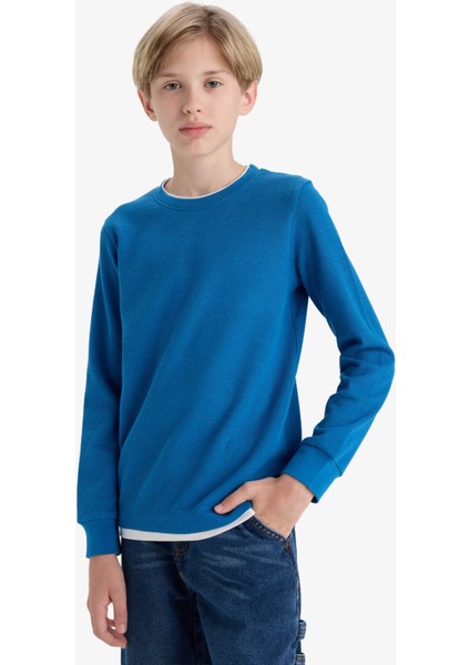 Erkek Çocuk Bisiklet Yaka Basic Düz Waffle Uzun Kollu Okul Tişörtü V1186A625AU