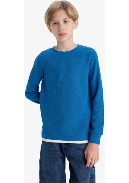 Erkek Çocuk Bisiklet Yaka Basic Düz Waffle Uzun Kollu Okul Tişörtü V1186A625AU