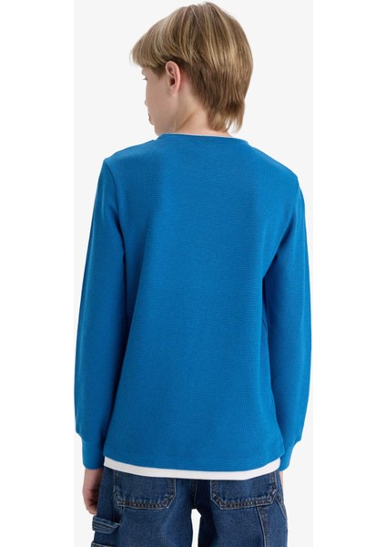 Erkek Çocuk Bisiklet Yaka Basic Düz Waffle Uzun Kollu Okul Tişörtü V1186A625AU