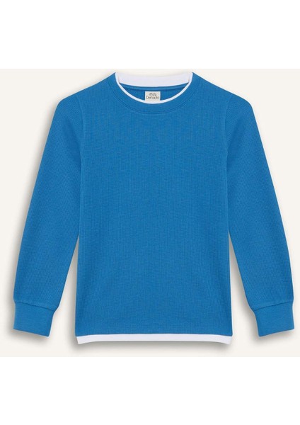 Erkek Çocuk Bisiklet Yaka Basic Düz Waffle Uzun Kollu Okul Tişörtü V1186A625AU