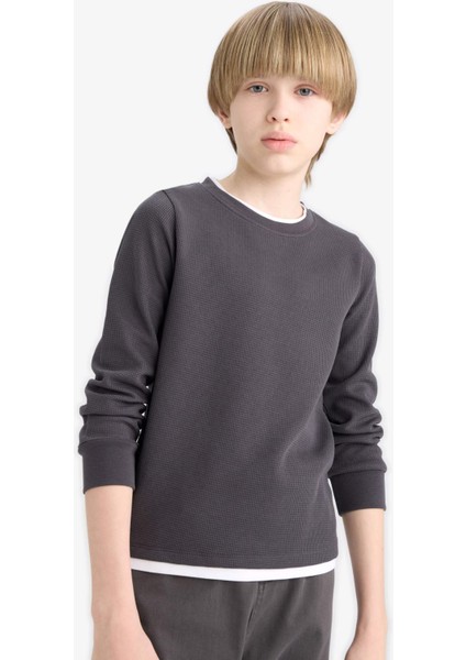 Erkek Çocuk Bisiklet Yaka Basic Düz Waffle Uzun Kollu Okul Tişörtü V1186A625AU