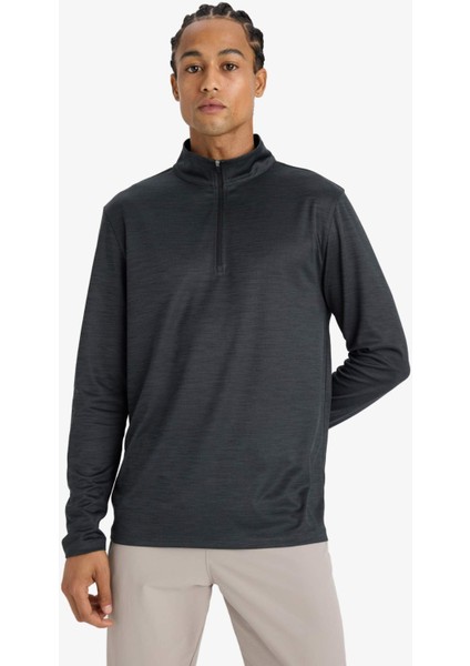 Fit Slim Fit Dar Kesim Dik Yaka Çabuk Kuruyan Nefes Alabilen Esnek Kumaş Fermuarlı Sporcu Uzun Kollu Body E9358AX25AU