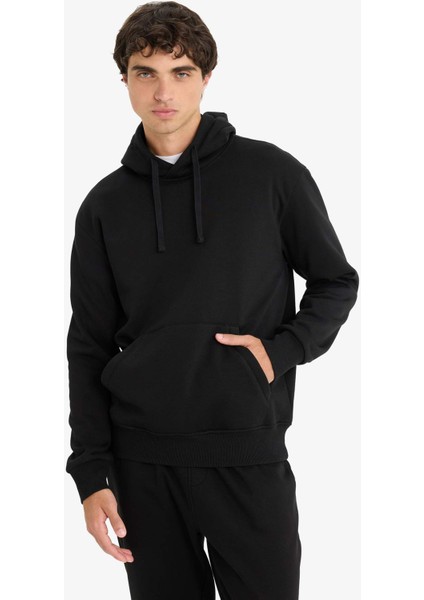 Regular Fit Kapüşonlu İçi Yumuşak Tüylü Kanguru Cepli Basic Düz Sweatshirt X8283AZ25AU