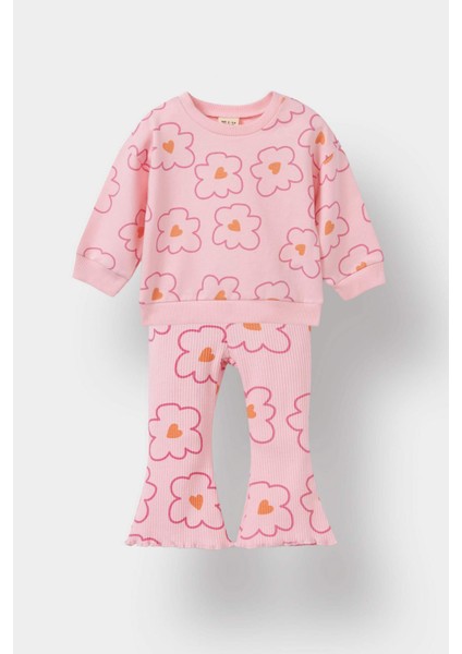 Kız Bebek 2'li Takım Çiçekli Sweatshirt İspanyol Paça Tayt F0514A525AU