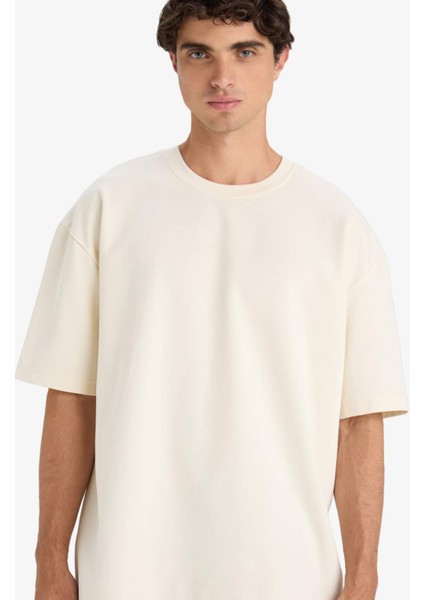 Oversize Geniş Kalıp Bisiklet Yaka Ağır Kumaş Basic Düz Kısa Kollu Tişört E9798AX25AU