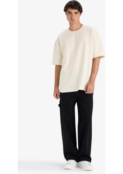 Oversize Geniş Kalıp Bisiklet Yaka Ağır Kumaş Basic Düz Kısa Kollu Tişört E9798AX25AU