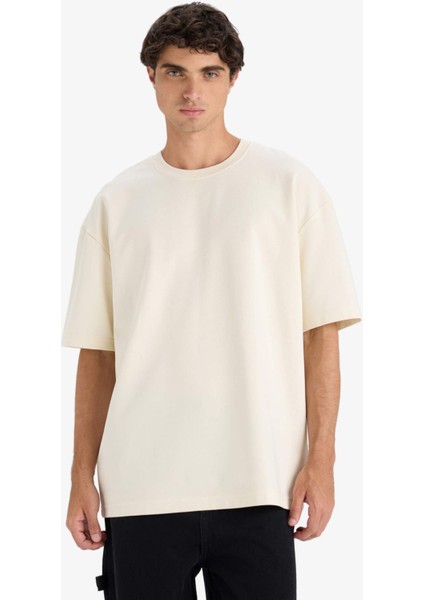 Oversize Geniş Kalıp Bisiklet Yaka Ağır Kumaş Basic Düz Kısa Kollu Tişört E9798AX25AU