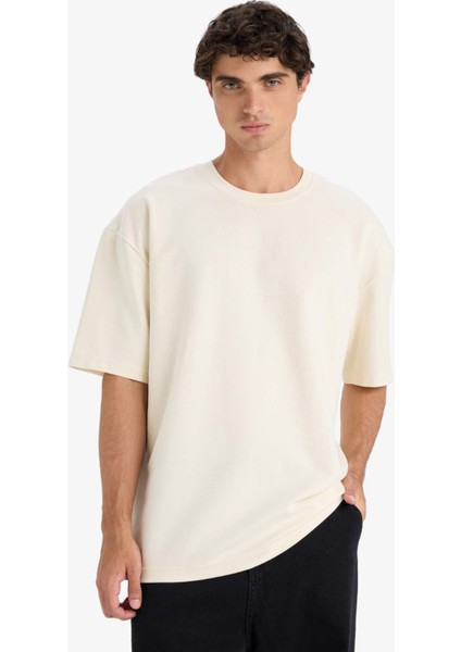 Oversize Geniş Kalıp Bisiklet Yaka Ağır Kumaş Basic Düz Kısa Kollu Tişört E9798AX25AU