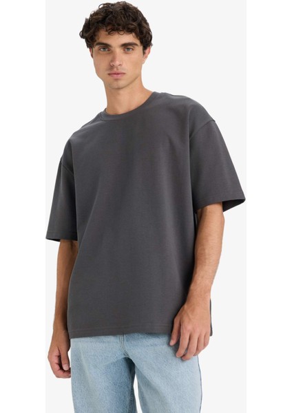 Oversize Geniş Kalıp Bisiklet Yaka Ağır Kumaş Basic Düz Kısa Kollu Tişört E9798AX25AU