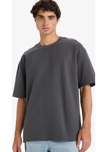 Oversize Geniş Kalıp Bisiklet Yaka Ağır Kumaş Basic Düz Kısa Kollu Tişört E9798AX25AU