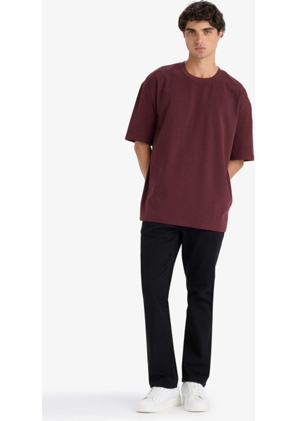 Oversize Geniş Kalıp Bisiklet Yaka Ağır Kumaş Basic Düz Kısa Kollu Tişört E9798AX25AU