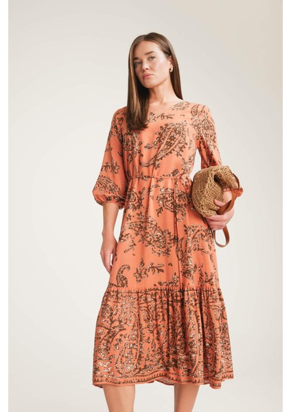 Regular Fit V Yaka Çiçek Desenli Yarım Kollu Midi Elbise F0985AX25SM