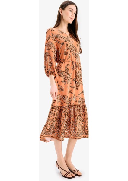 Regular Fit V Yaka Çiçek Desenli Yarım Kollu Midi Elbise F0985AX25SM