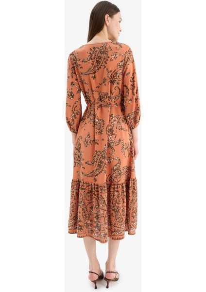 Regular Fit V Yaka Çiçek Desenli Yarım Kollu Midi Elbise F0985AX25SM