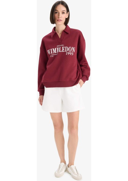 Relax Fit Polo Yaka Baskılı Kalın Sweatshirt