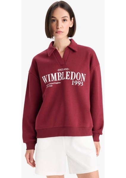 Relax Fit Polo Yaka Baskılı Kalın Sweatshirt