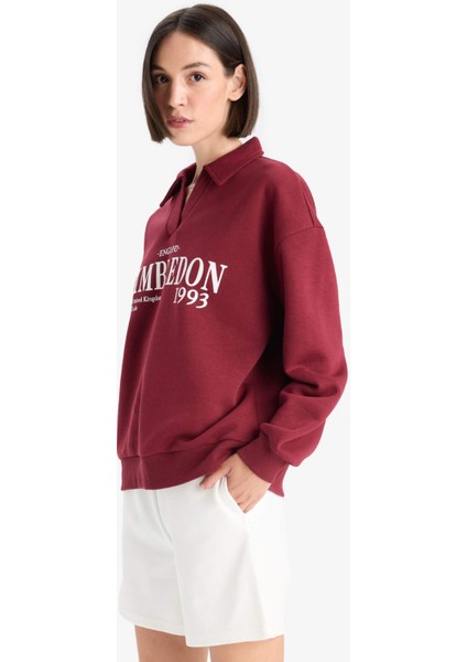 Relax Fit Polo Yaka Baskılı Kalın Sweatshirt