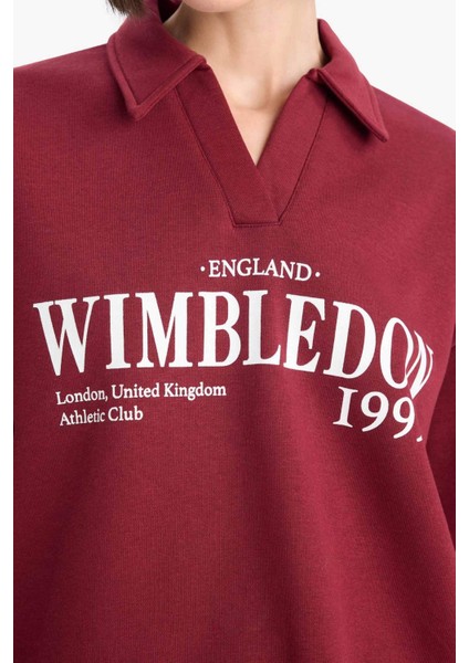 Relax Fit Polo Yaka Baskılı Kalın Sweatshirt