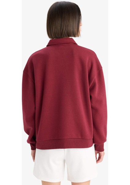 Relax Fit Polo Yaka Baskılı Kalın Sweatshirt