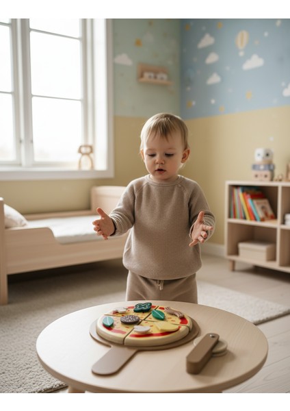 Montessori Tarzı Ahşap Pizza Seti Oyuncağı - Doğal Malzeme, 8 Parça