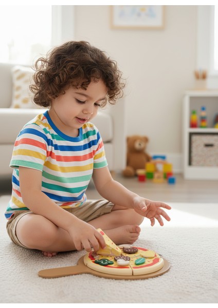 Montessori Tarzı Ahşap Pizza Seti Oyuncağı - Doğal Malzeme, 8 Parça indirimleri