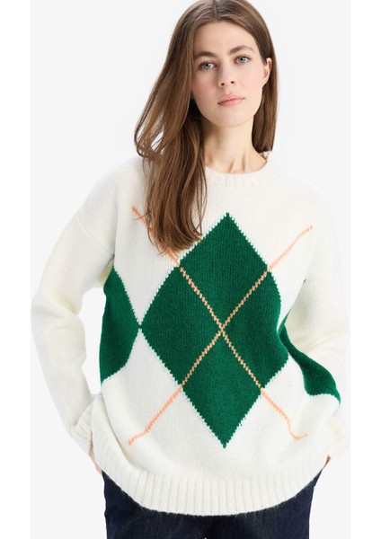 Oversize Geniş Kalıp Baklava Dilimli Bisiklet Yaka Triko Kazak F1233AX25SP