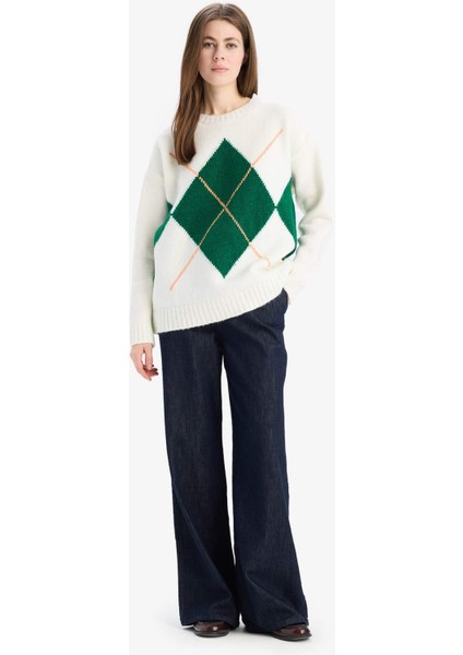 Oversize Geniş Kalıp Baklava Dilimli Bisiklet Yaka Triko Kazak F1233AX25SP