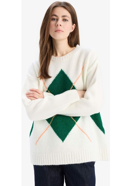 Oversize Geniş Kalıp Baklava Dilimli Bisiklet Yaka Triko Kazak F1233AX25SP