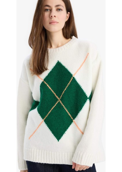 Oversize Geniş Kalıp Baklava Dilimli Bisiklet Yaka Triko Kazak F1233AX25SP