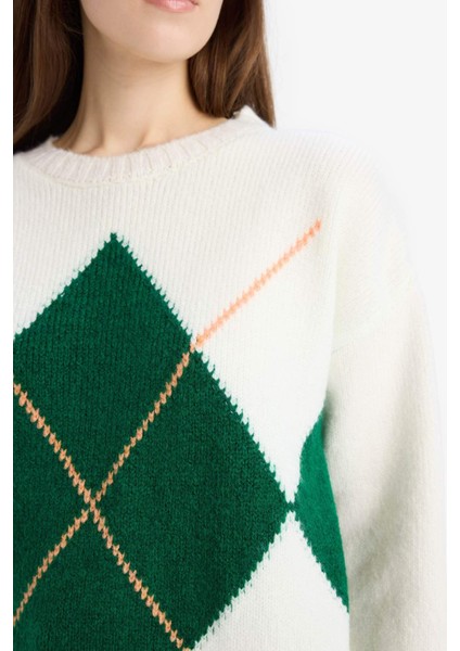 Oversize Geniş Kalıp Baklava Dilimli Bisiklet Yaka Triko Kazak F1233AX25SP