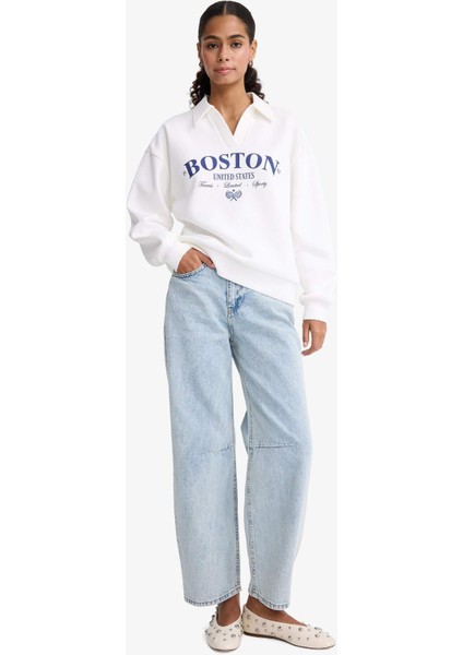 Relax Fit Polo Yaka Baskılı Kalın Sweatshirt