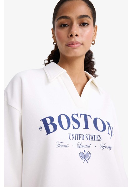 Relax Fit Polo Yaka Baskılı Kalın Sweatshirt