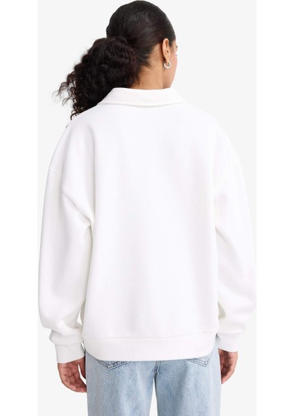 Relax Fit Polo Yaka Baskılı Kalın Sweatshirt