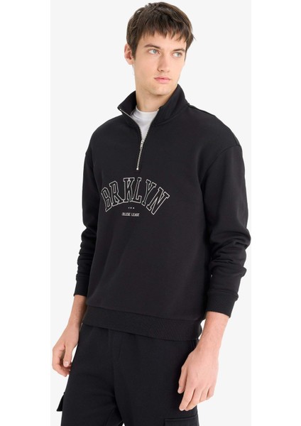 Boxy Fit Dik Yaka Fermuarlı Baskılı Sweatshirt E9414AX25AU