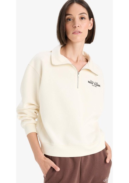 Regular Fit Yarım Fermuarlı Baskılı Kalın Sweatshirt F1066AX25AU