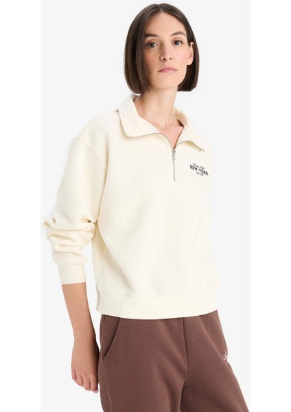 Regular Fit Yarım Fermuarlı Baskılı Kalın Sweatshirt F1066AX25AU