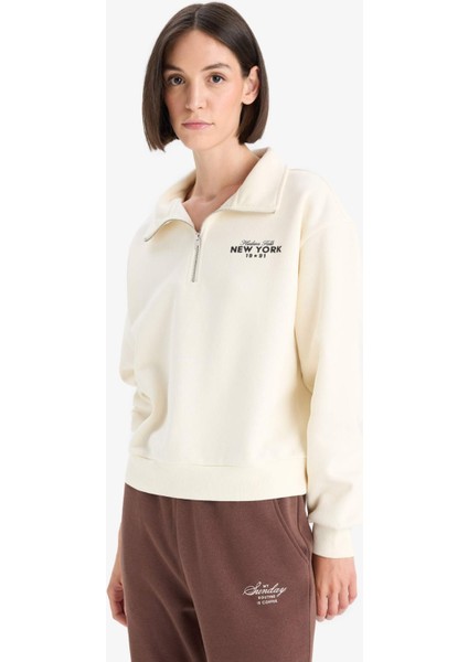 Regular Fit Yarım Fermuarlı Baskılı Kalın Sweatshirt F1066AX25AU