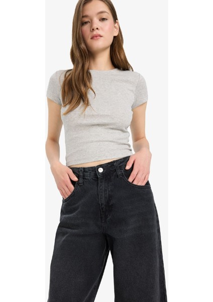 Fitted Bisiklet Yaka Ribana Kısa Kollu Tişört E0288AX25AU