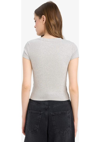 Fitted Bisiklet Yaka Ribana Kısa Kollu Tişört E0288AX25AU