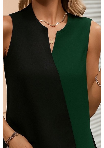 Kadın Kolsuz V Yakalı Blok Renkli Ithal Krep Bluz fiyatları