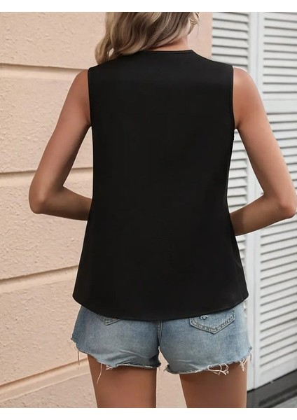 Kadın Kolsuz V Yakalı Blok Renkli Ithal Krep Bluz fırsatları