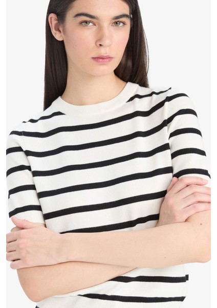 Regular Fit Bisiklet Yaka Çizgili Kısa Kollu Triko Kazak D6271AX25AU