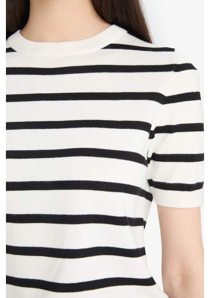 Regular Fit Bisiklet Yaka Çizgili Kısa Kollu Triko Kazak D6271AX25AU