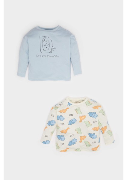 Erkek Bebek Yenidoğan Dinozor Baskılı Penye 2'li Uzun Kollu Tişört F0124A525AU