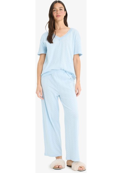 Regular Fit Pijama Takımı Kısa Kollu V Yaka Üst Beli Lastikli Uzun Alt-Fall in Love E9831AX25SM