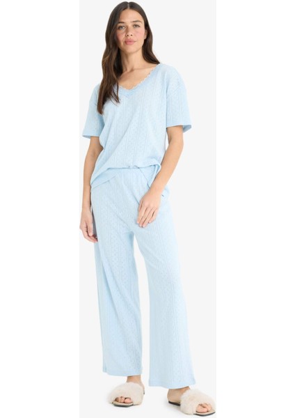 Regular Fit Pijama Takımı Kısa Kollu V Yaka Üst Beli Lastikli Uzun Alt-Fall in Love E9831AX25SM