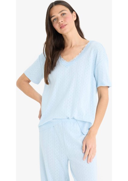 Regular Fit Pijama Takımı Kısa Kollu V Yaka Üst Beli Lastikli Uzun Alt-Fall in Love E9831AX25SM