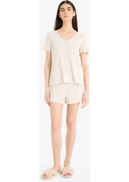 Regular Fit Ribana Kısa Kollu Üst Beli Lastikli Şort- Fall in Love E9832AX25SM