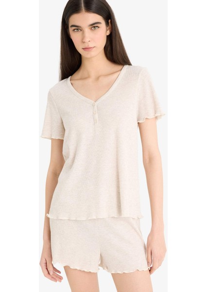 Regular Fit Ribana Kısa Kollu Üst Beli Lastikli Şort- Fall in Love E9832AX25SM